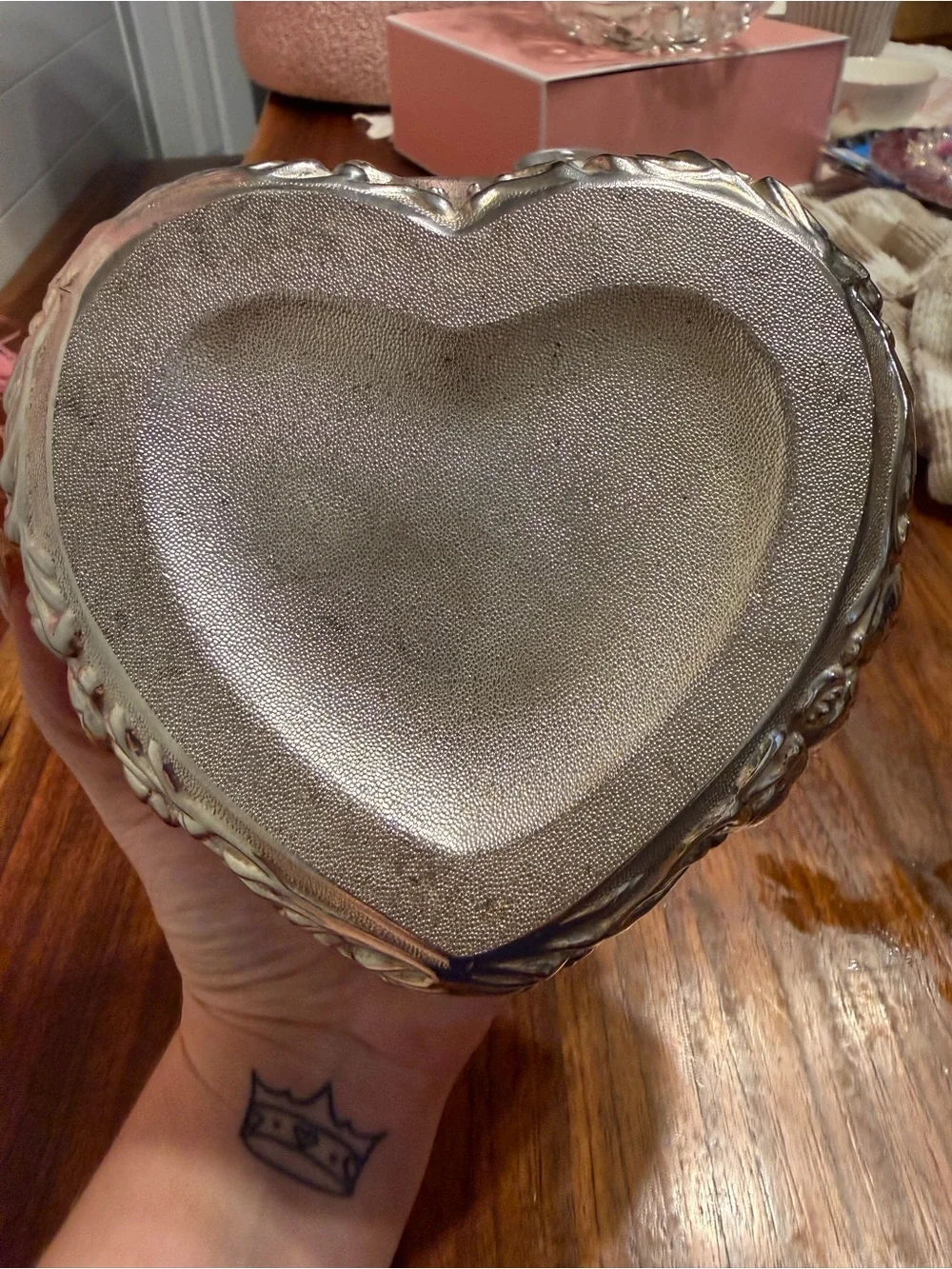Embossed Heart Trinket Box in Silver Tone